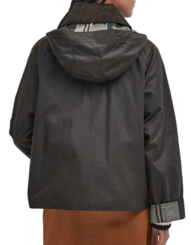 Barbour Boxy Cropped Waxed Jacket With Tartan Accents