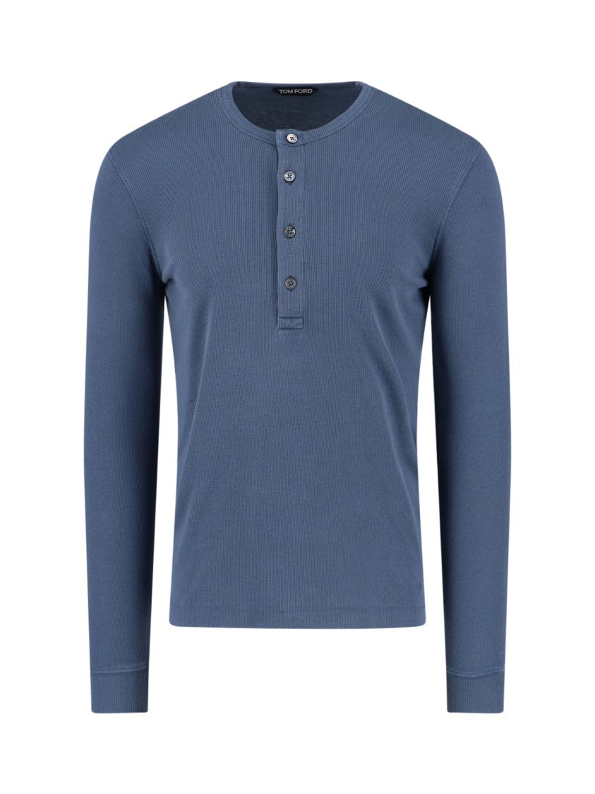 Tom Ford Ribbed Blue Henley Shirt With Button Closure And Drawstring Detail