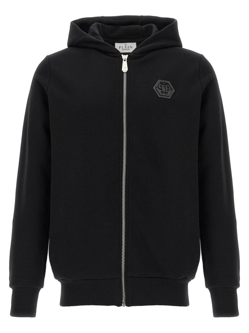 Philipp Plein Sleek Black Fleece Hoodie With Logo Patch