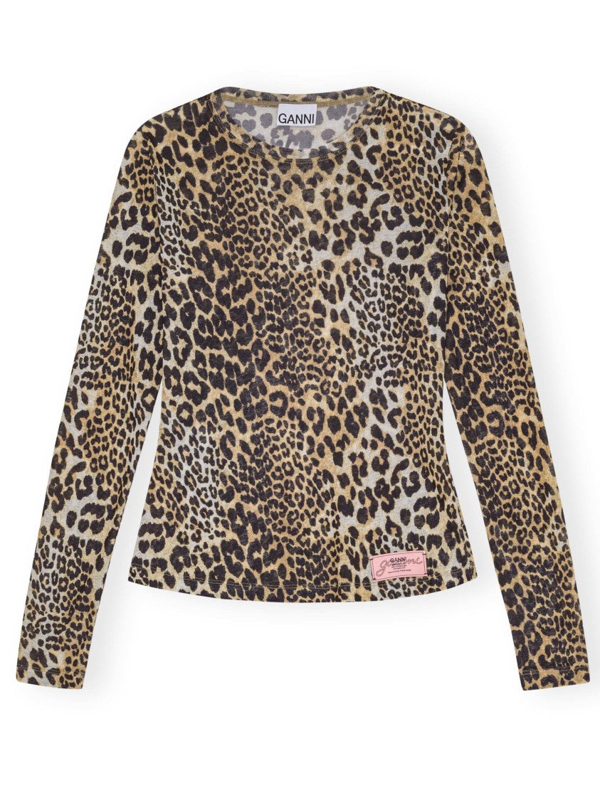 Ganni Printed Marl Mesh Long Sleeve Top