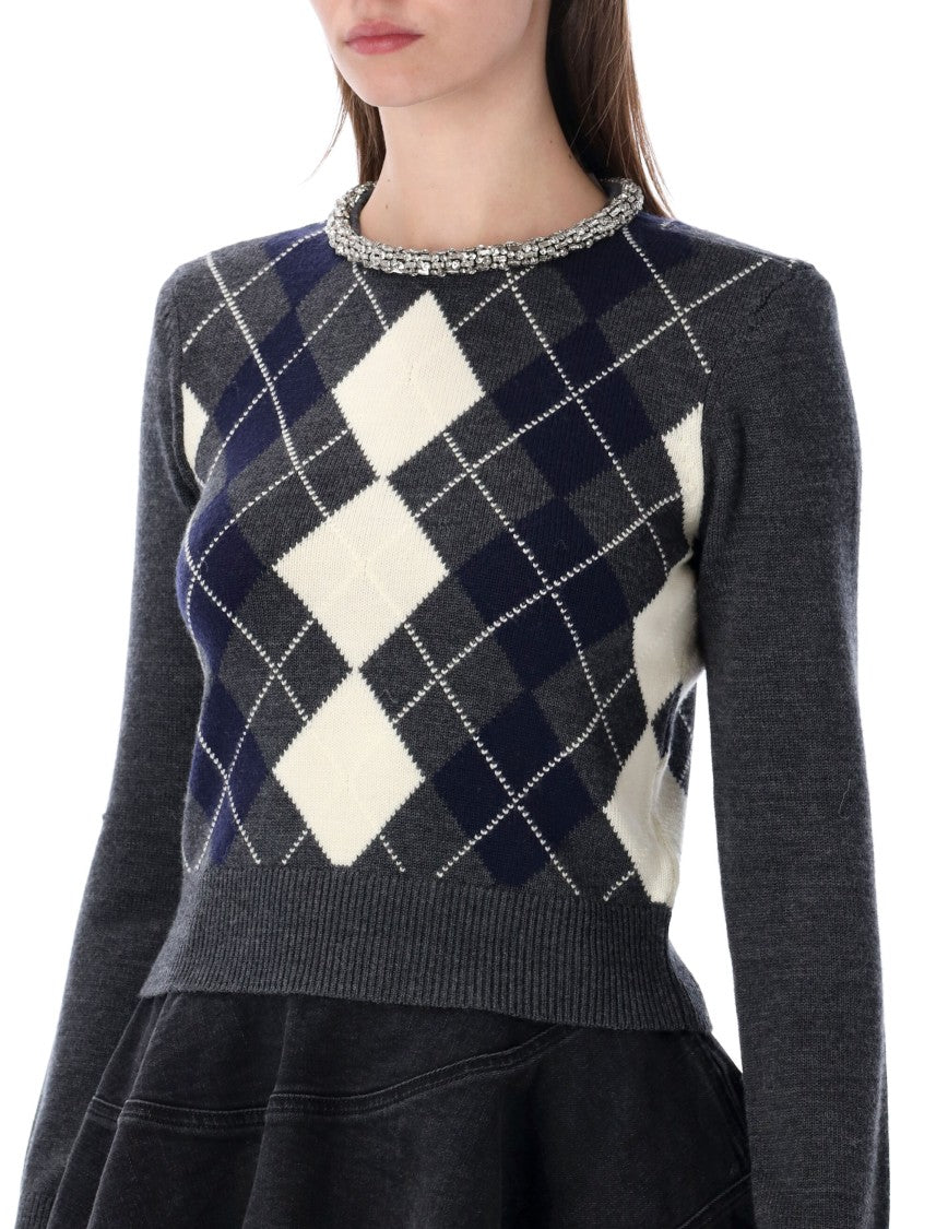 Self-Portrait Grey Argyle Crystal Jumper