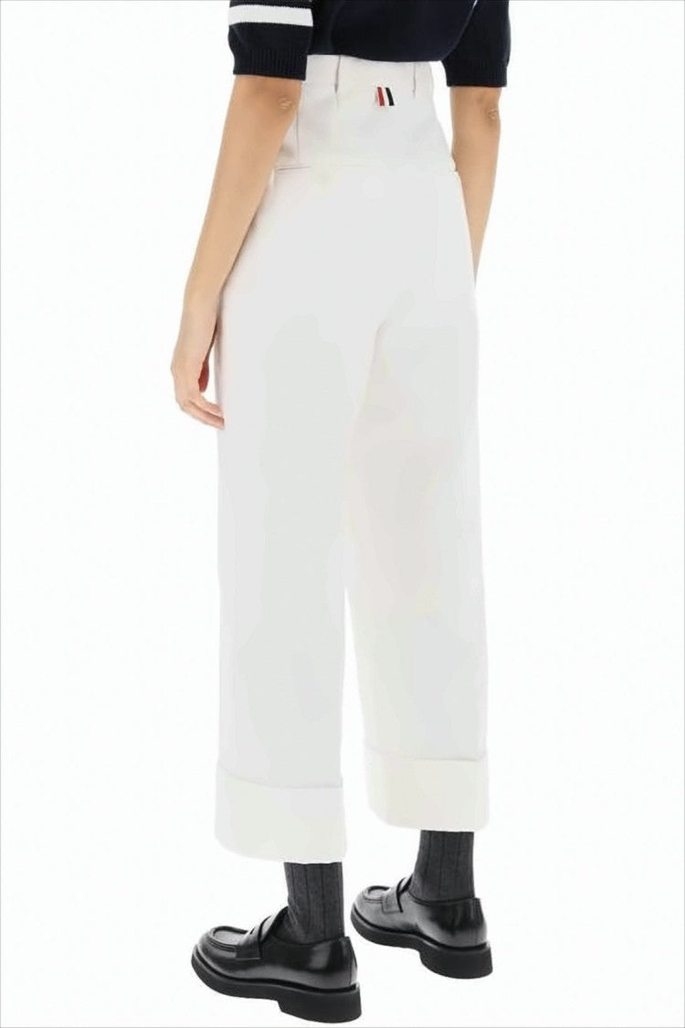 Thom Browne Cropped White Straight Pants With High Waist And Cuffed Hem