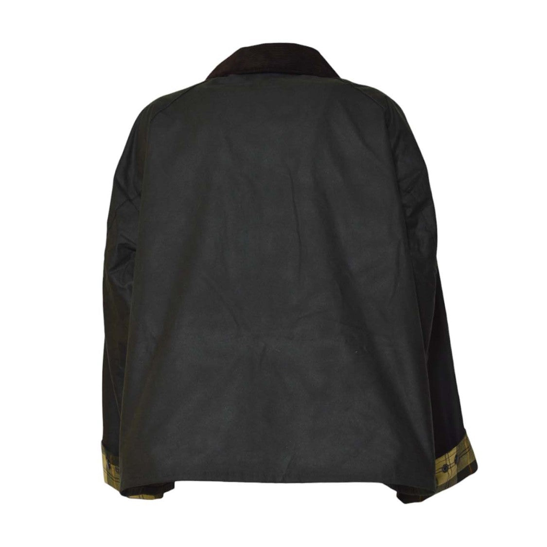 Barbour Waxed Green Coat With Brown Corduroy Collar And Tartan Lining