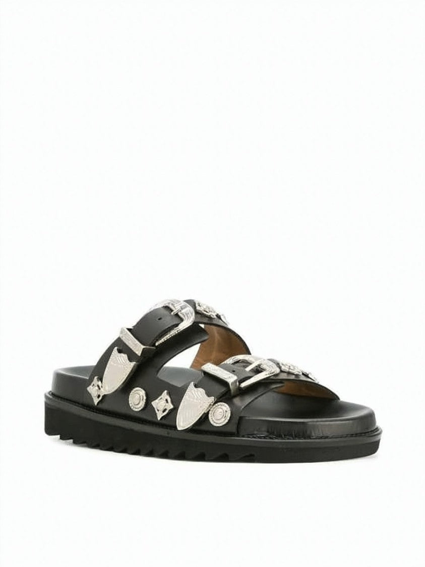 Toga Black Leather Slide Sandals With Metallic Buckles And Studs