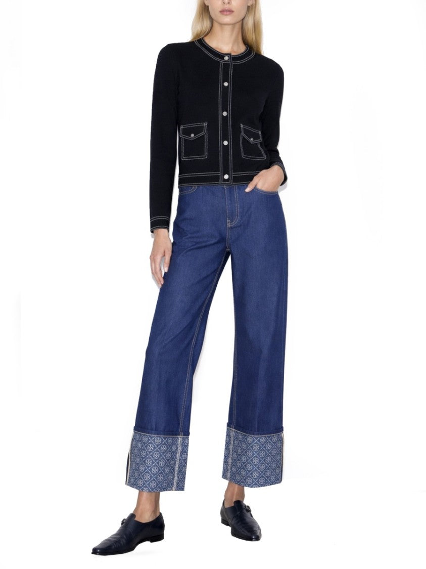 Tory Burch Cropped Prominent Topstitching Multi-Pocket Wool Cardigan