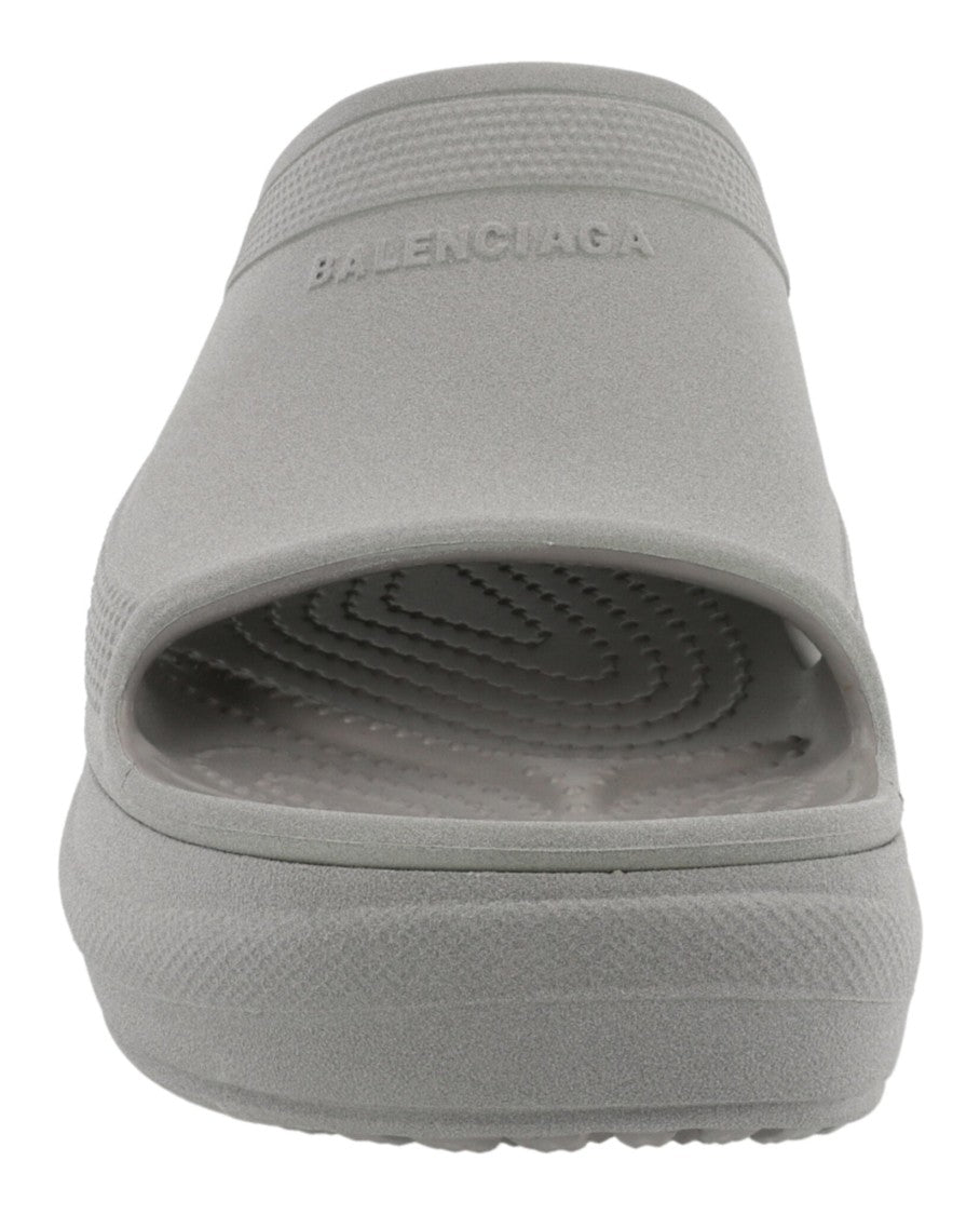 Balenciaga Debossed Logo Grey Pool Slides With Chunky Block Heel