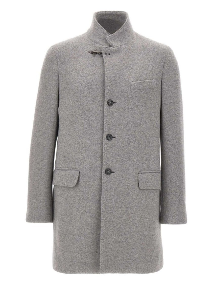 Fay Tailored Grey Wool Coat With Stand-Up Collar