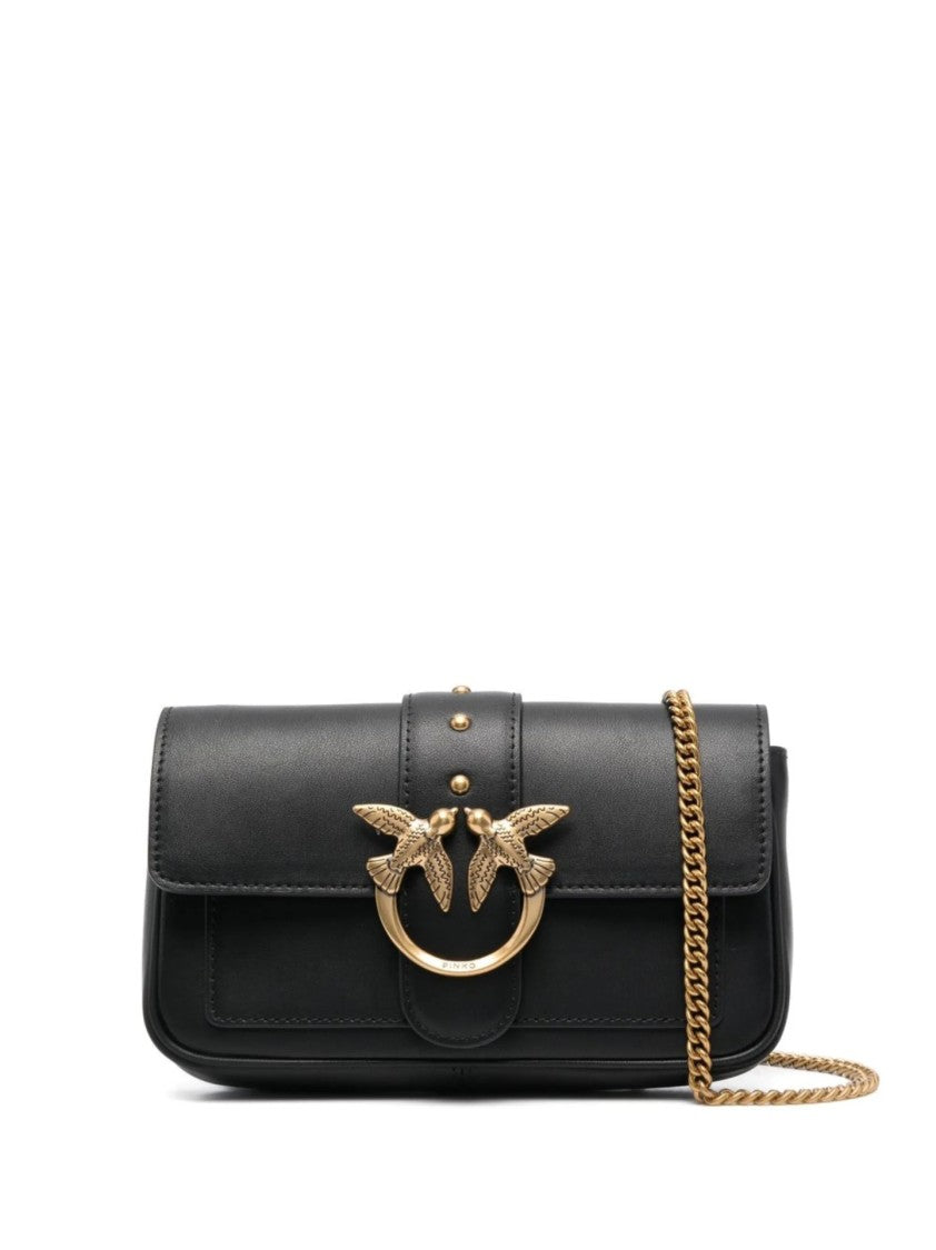 Pinko Structured Black Bag With Gold-Tone Bird Embellishment