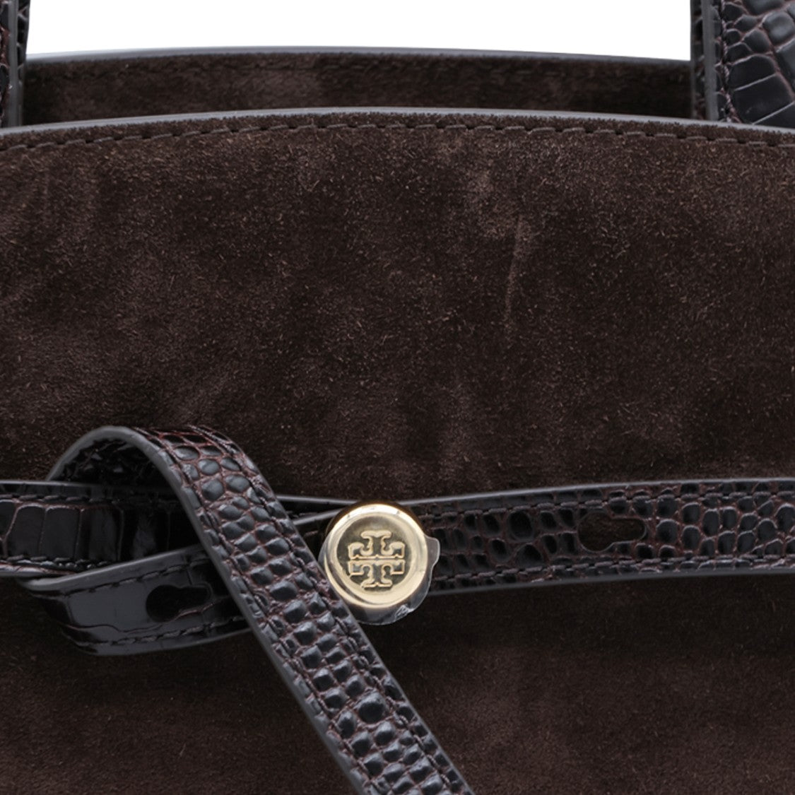 Tory Burch Dark Brown Suede Gold-Tone Structured Top Handle Bag
