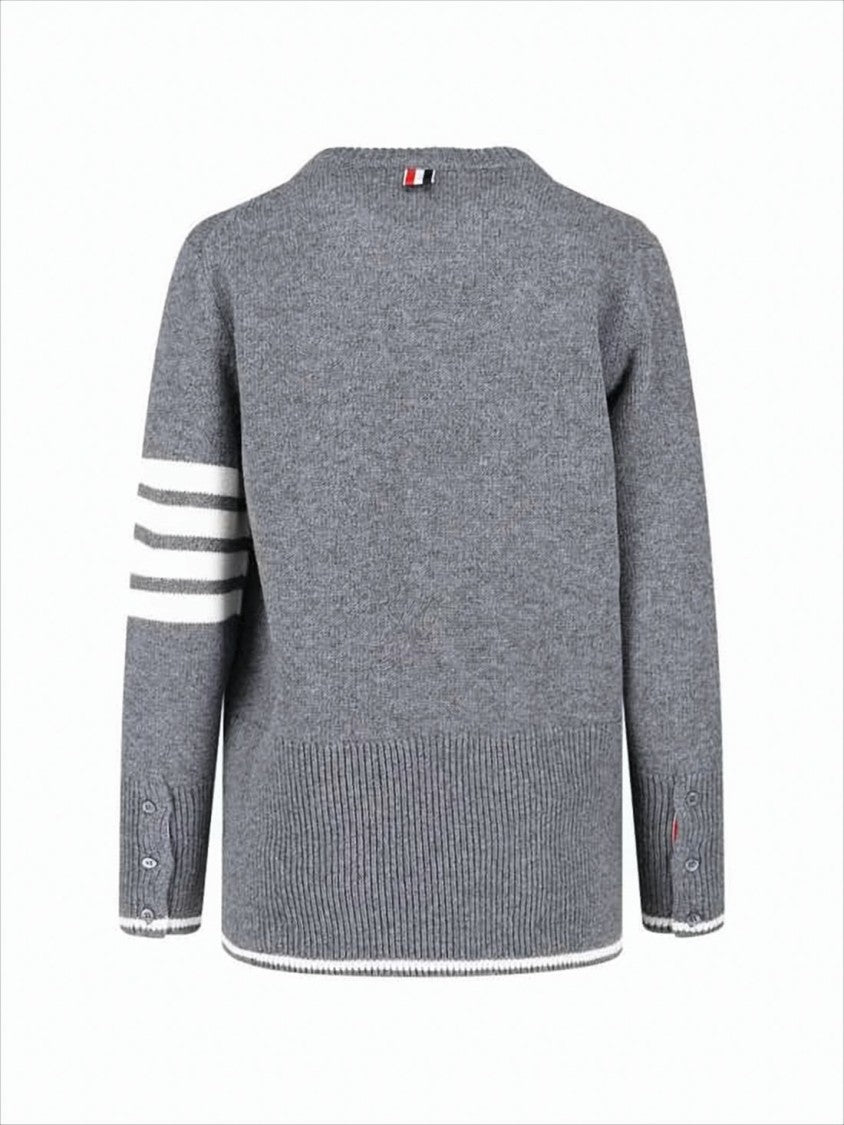 Thom Browne Ribbed Grey Wool Sweater With Iconic Stripe Accents