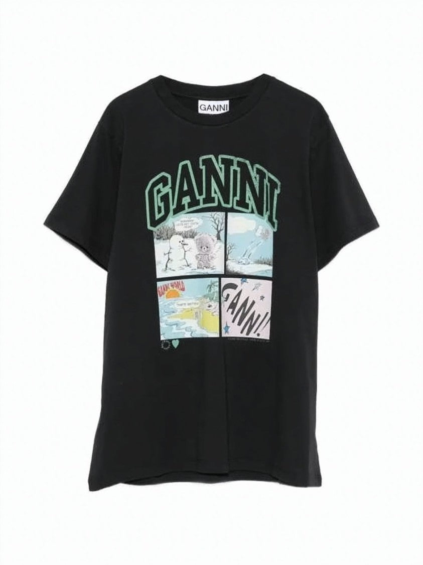 Ganni Comic-Style Graphic Black Cotton Jersey T-Shirt