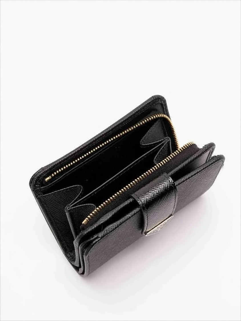 Prada Textured Leather Bifold Wallet With Snap Closure And Metallic Accents
