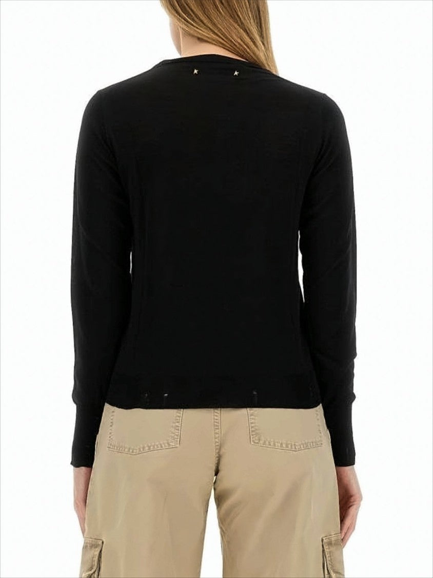Golden Goose Long-Sleeved Fitted Black Wool Sweater With Star Embellishments