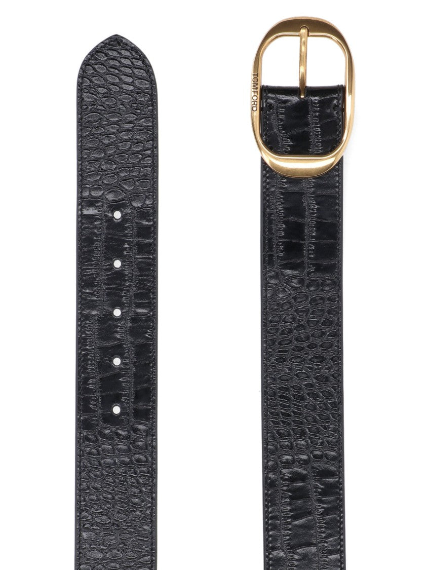 Tom Ford Crocodile-Embossed Calf Leather Belt With Gold-Tone Buckle
