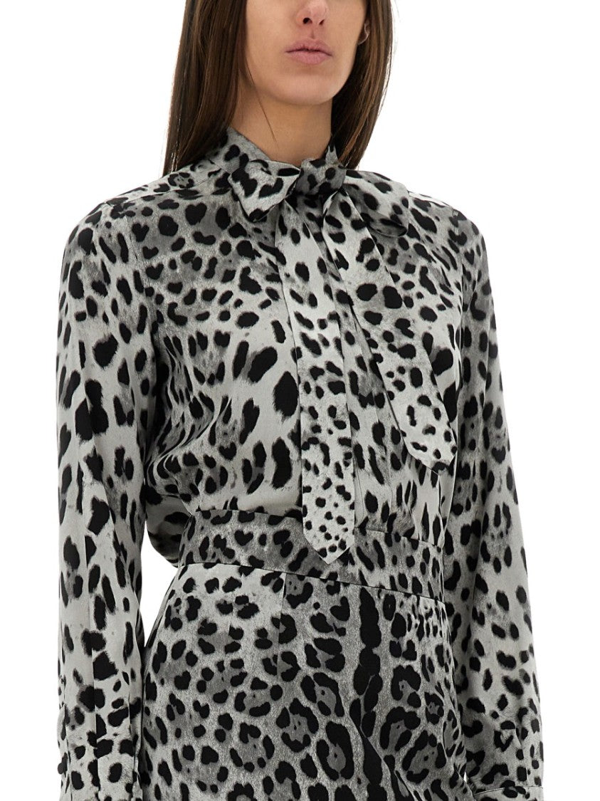 Dolce & Gabbana Leopard Print Bow Charmeuse Shirt