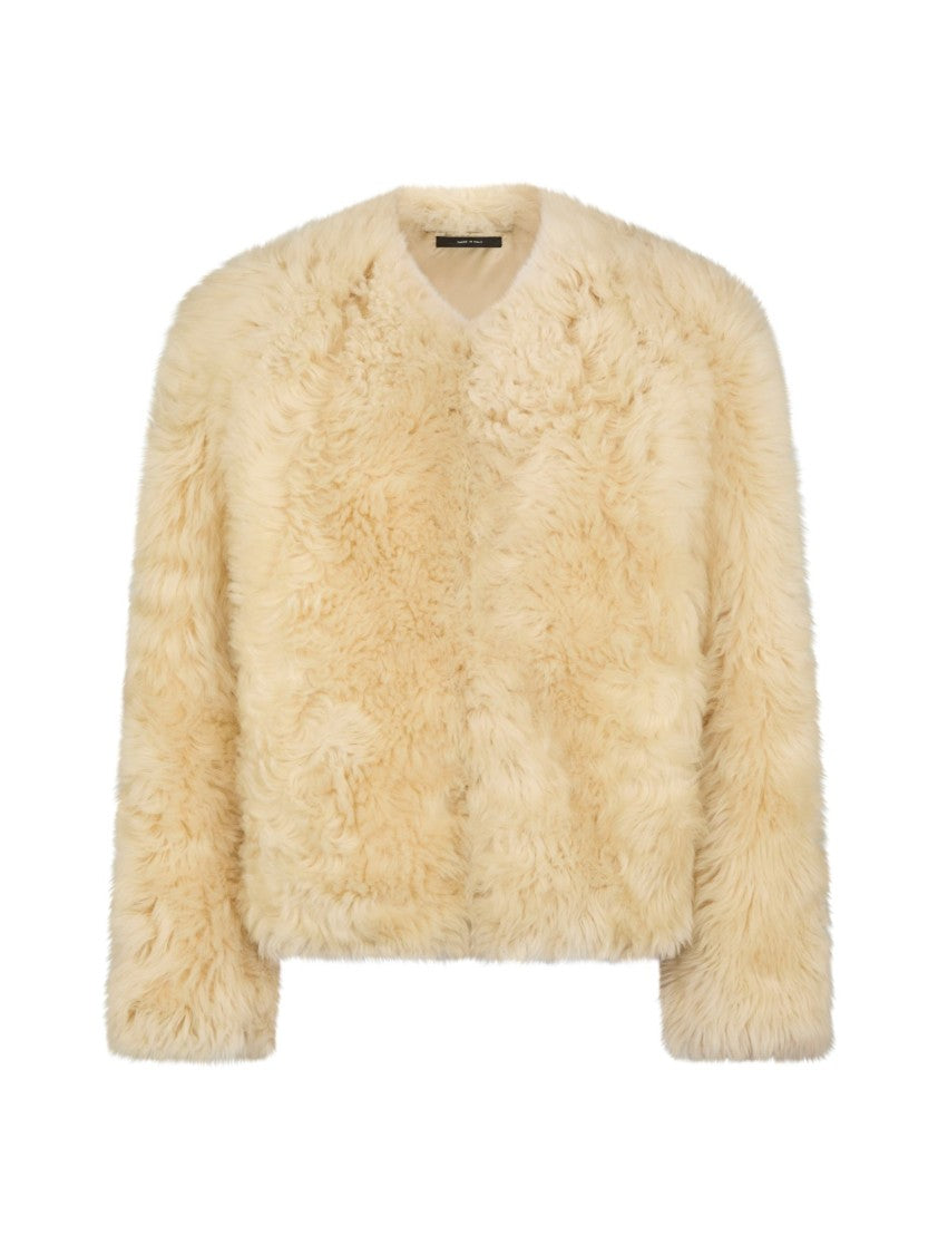 Tom Ford Collarless White Shearling Coat With Textured Surface