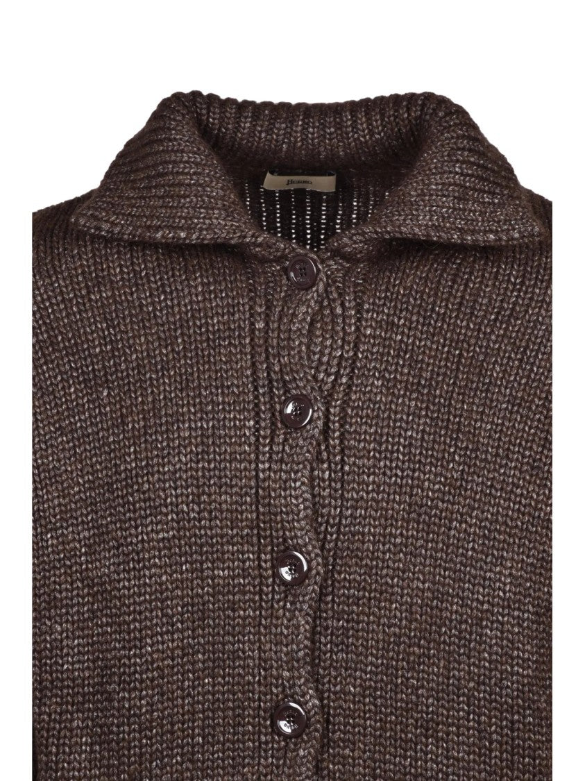 Herno Short Brown Cardigan With Chunky Knit And Button-Down Front