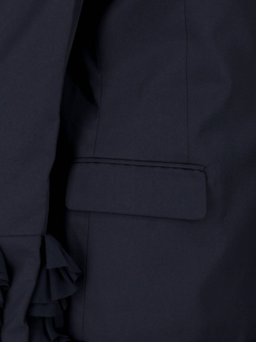Comme Des Garçons Long Black Blazer With Ruffled Accents And Classic Lapel