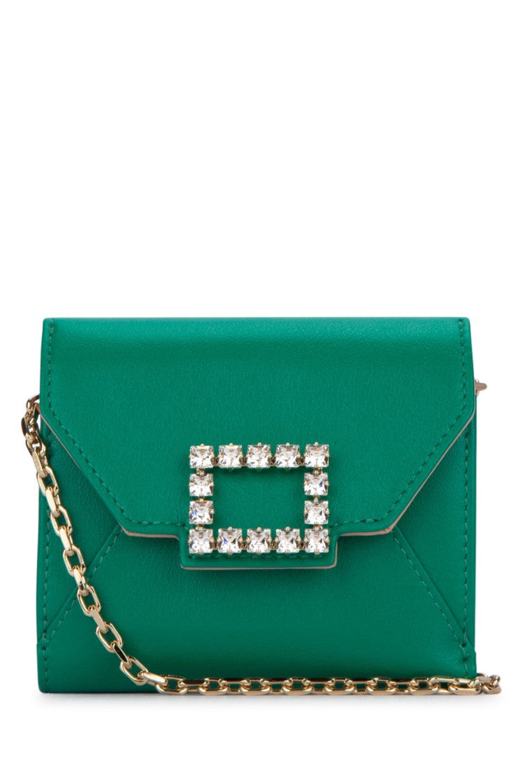 Roger Vivier Rectangular Green Leather Wallet With Crystal Buckle
