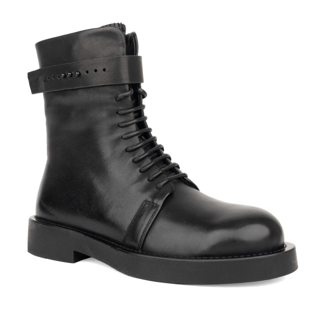 Linda Baumann Black Minimalist Ankle Strap Leather Ankle Boots