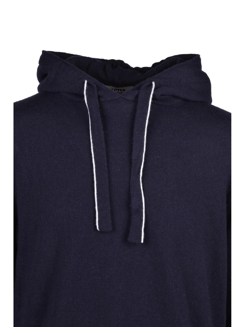 Alpha Studio Navy Knit Sweatshirt With Hood And Drawstrings