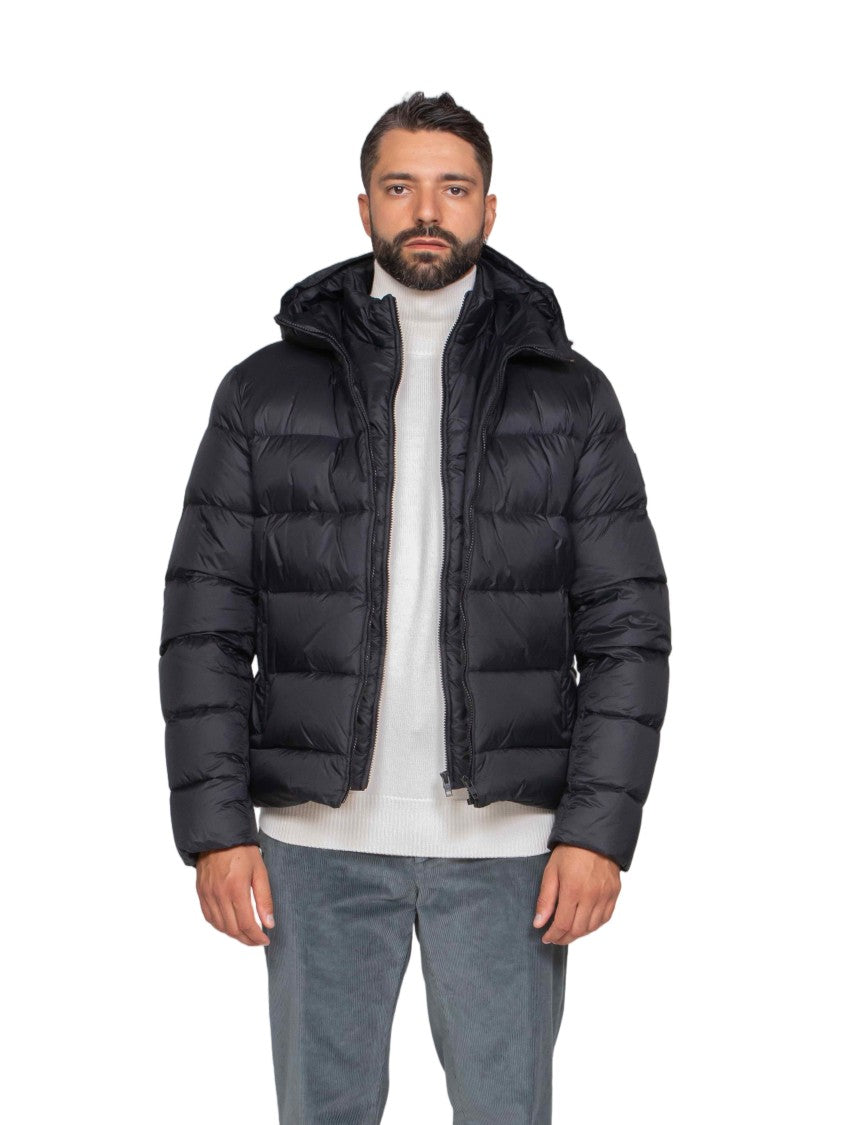 Fay Hooded Black Puffer Jacket With Horizontal Quilted Padding