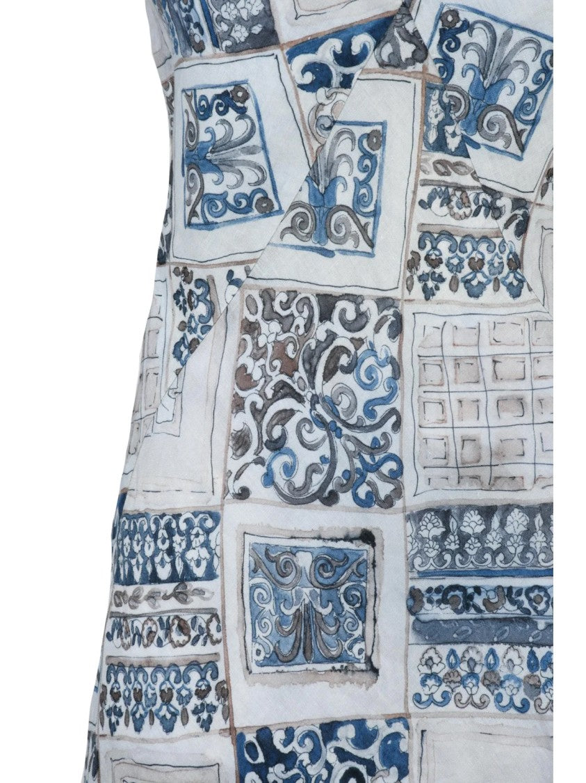Eleventy Blue Beige Long Flared Linen Dress
