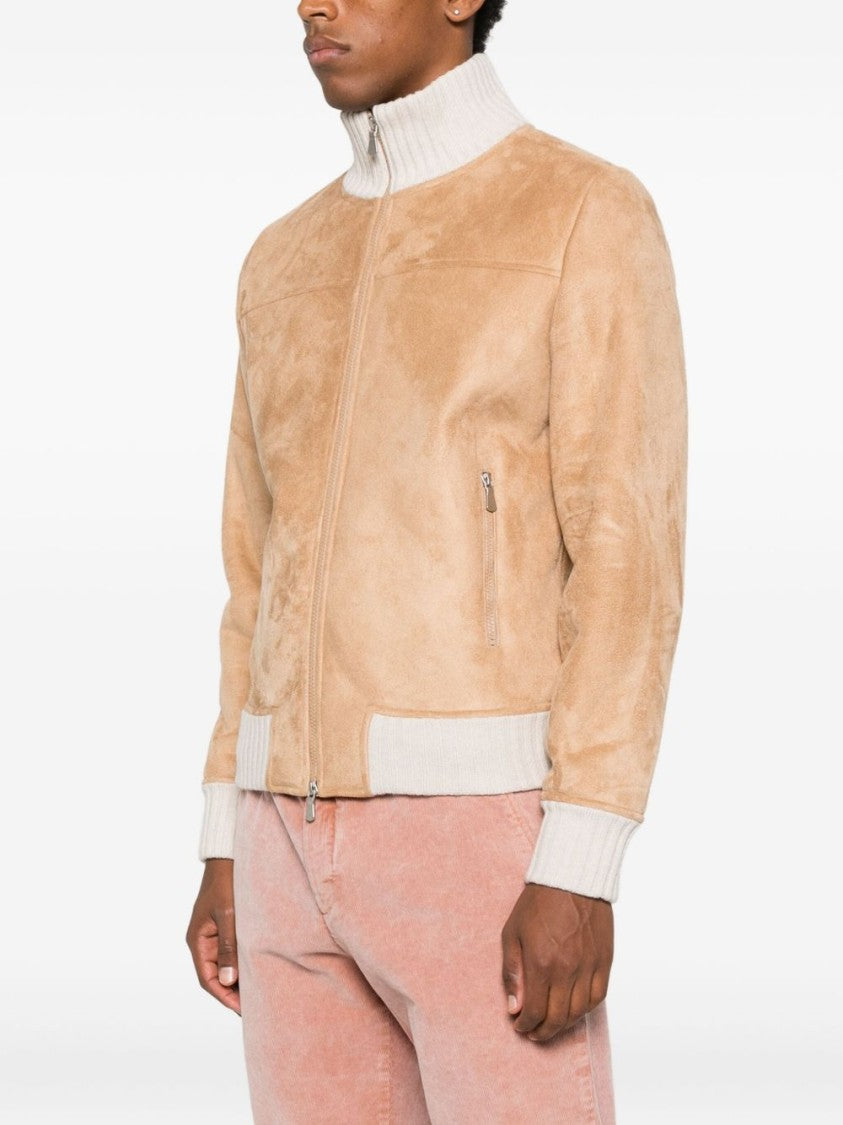 Gran Sasso Soft Beige Suede Jacket With Ribbed Knit Details