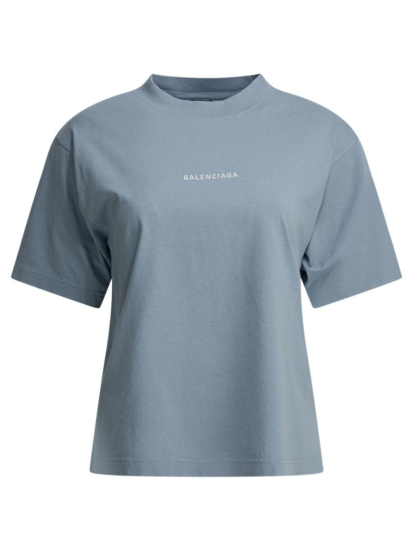 Balenciaga Light Blue Embroidered T-Shirt With Crew Neckline