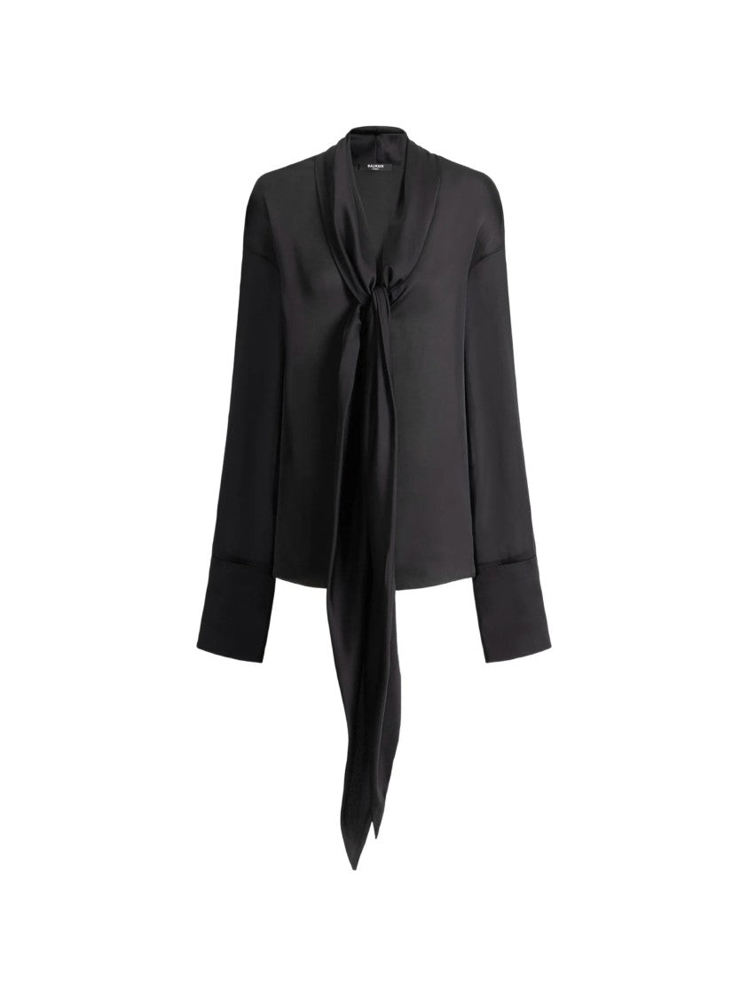 Balmain Black Silky Tie-Neck Shirt