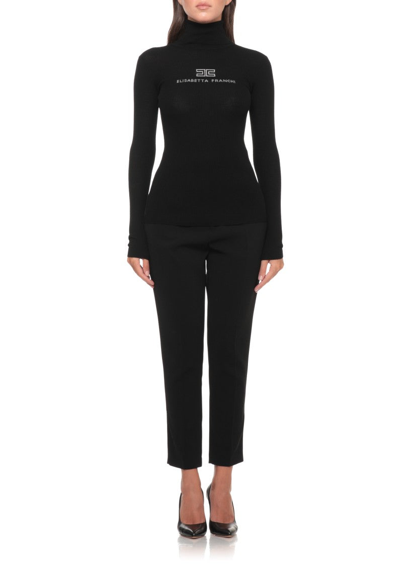 Elisabetta Franchi High Neck Rib Wool Sweater With Logo Embroidery