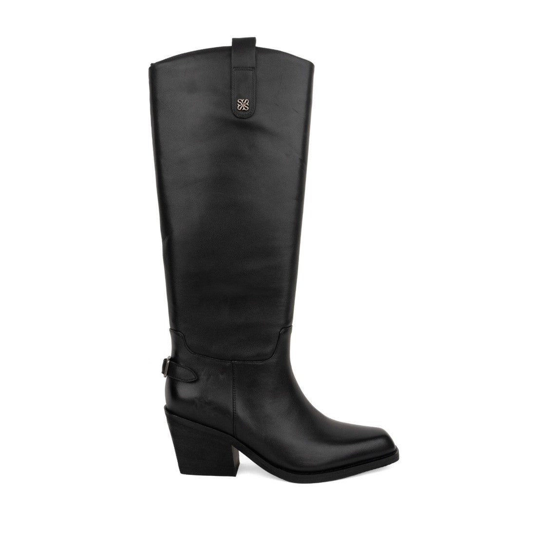 Linda Baumann Black Sleek Decorative Strap Block Heel Tall Leather Boots