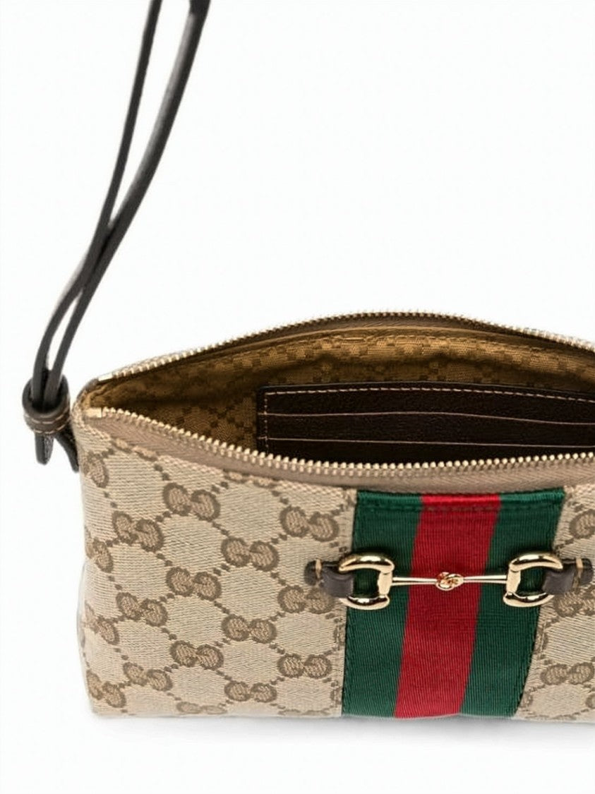 Gucci Rectangular Canvas Crossbody Bag With Monogram Pattern And Horsebit Hardware
