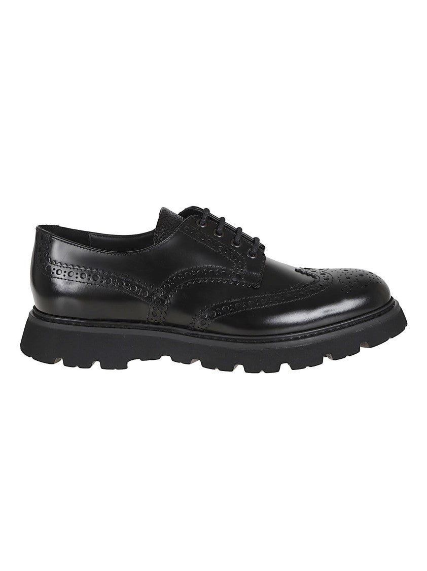 Doucal's Smooth Black Calf Leather Lace-Up Brogue Shoes