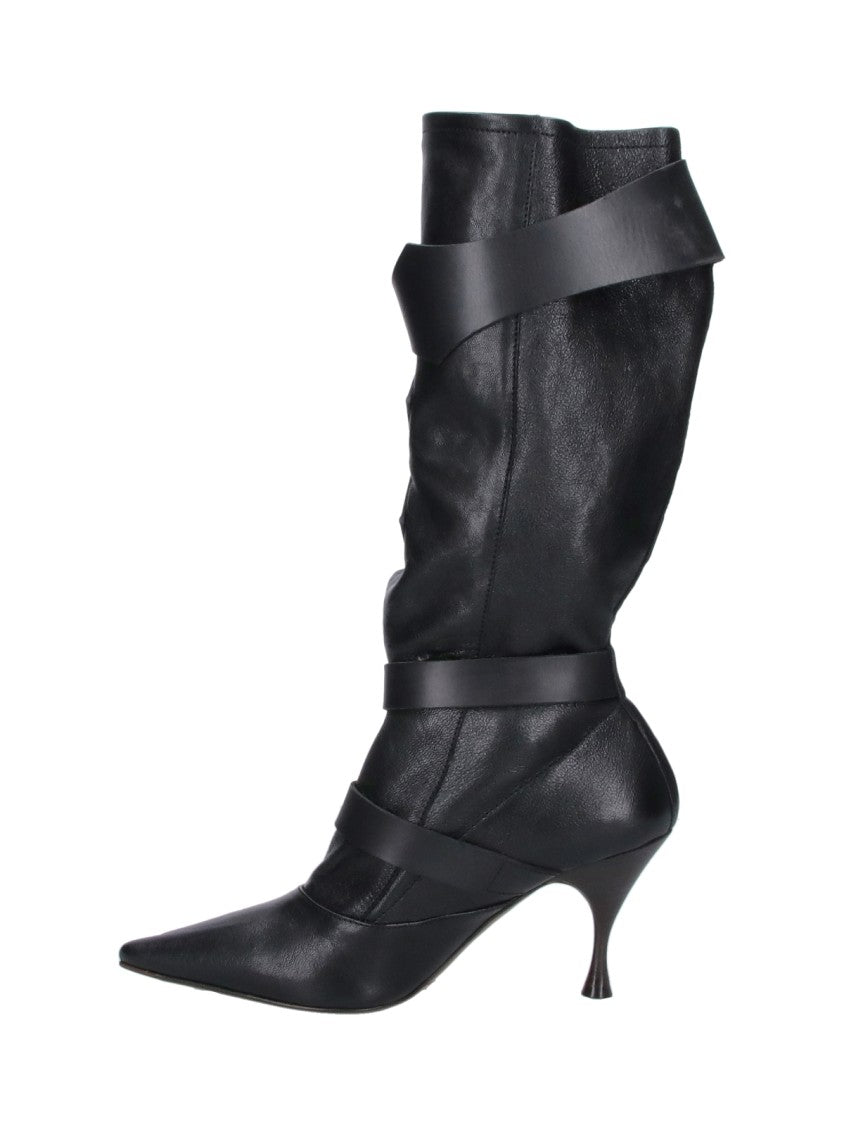 Vivienne Westwood Pointed-Toe Mid-Calf Boots With Silver Buckle Straps