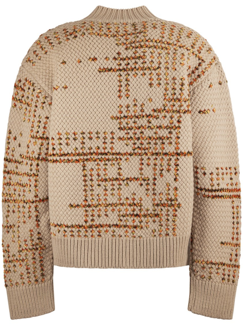 Dries Van Noten Beige Knit Sweater With Ribbed Cuffs