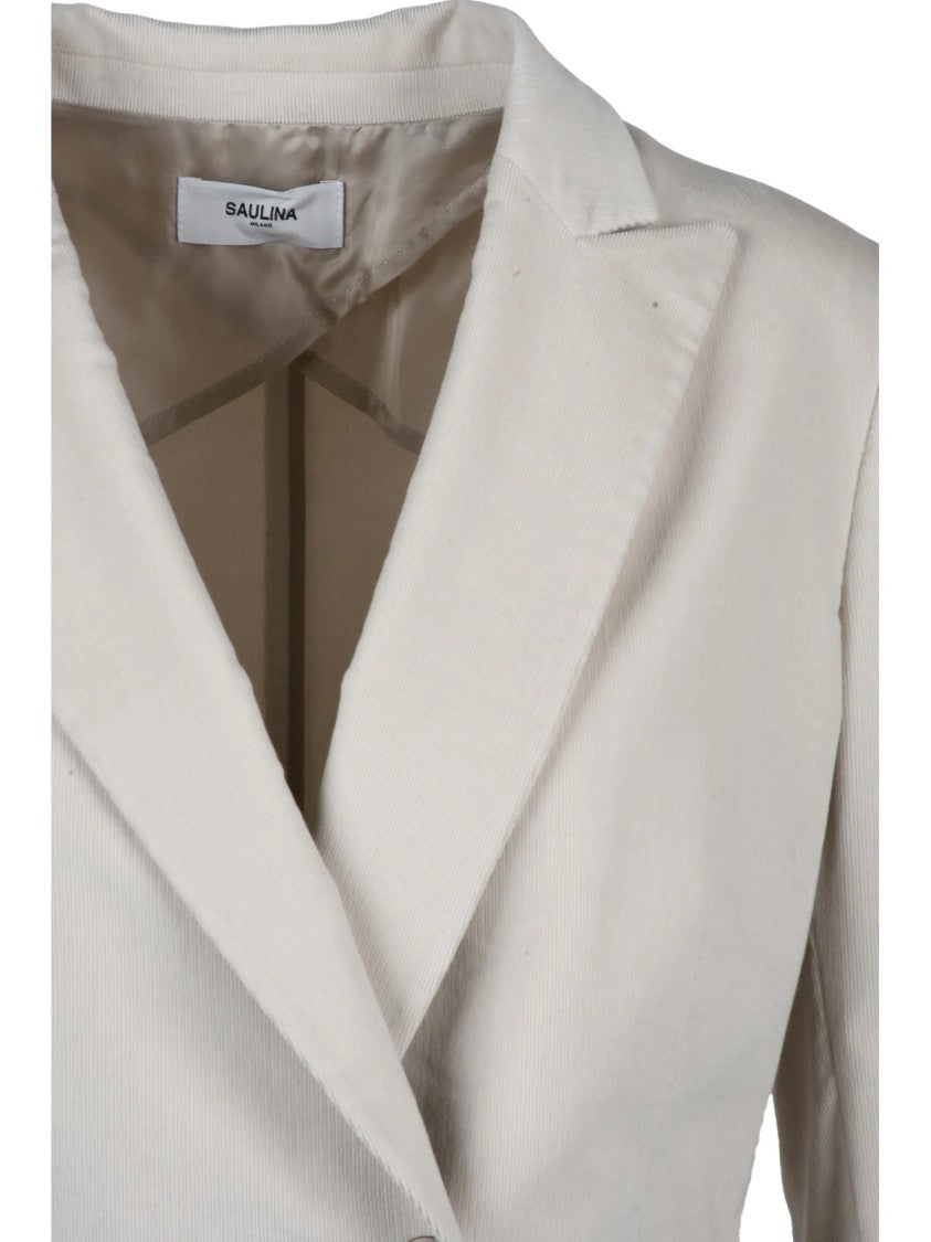 Saulina Beige Double-Breasted Cotton-Blend Velvet Blazer
