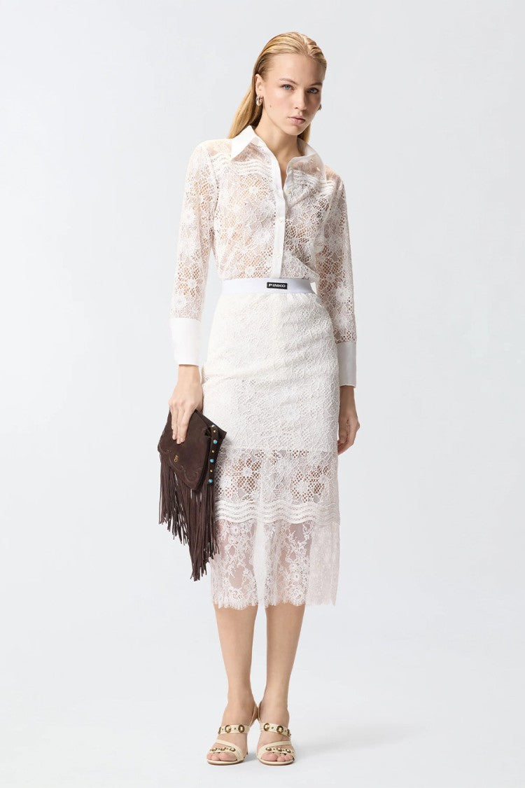 Pinko White Allover Tulle Lace Polyester Shirt