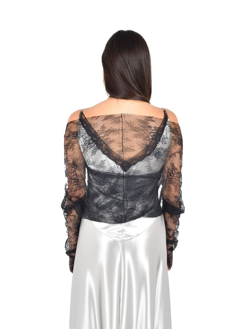 Alberta Ferretti Silver Satin Maxi Dress With Lace Inserts