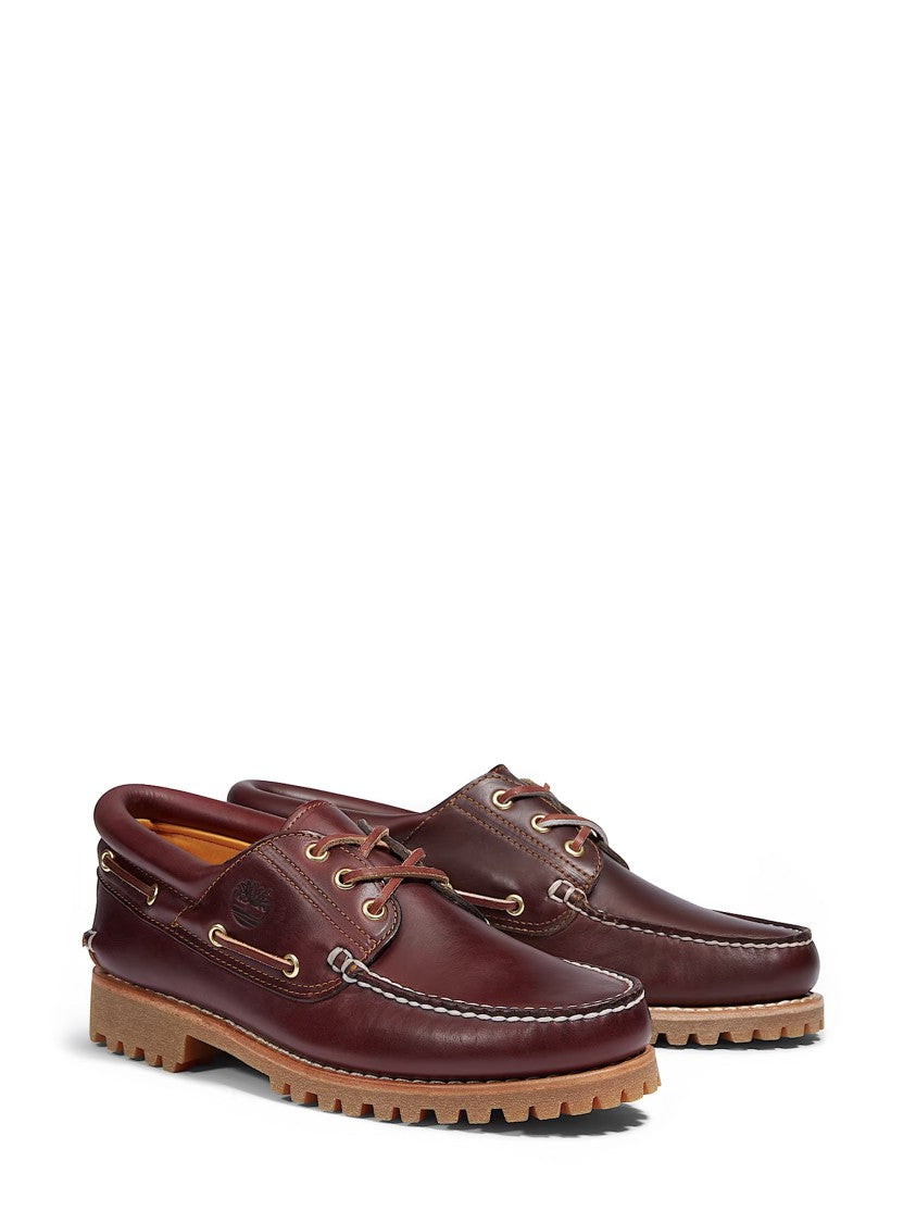 Timberland Burgundy Leather Boat Shoes With Moc Toe Stitching