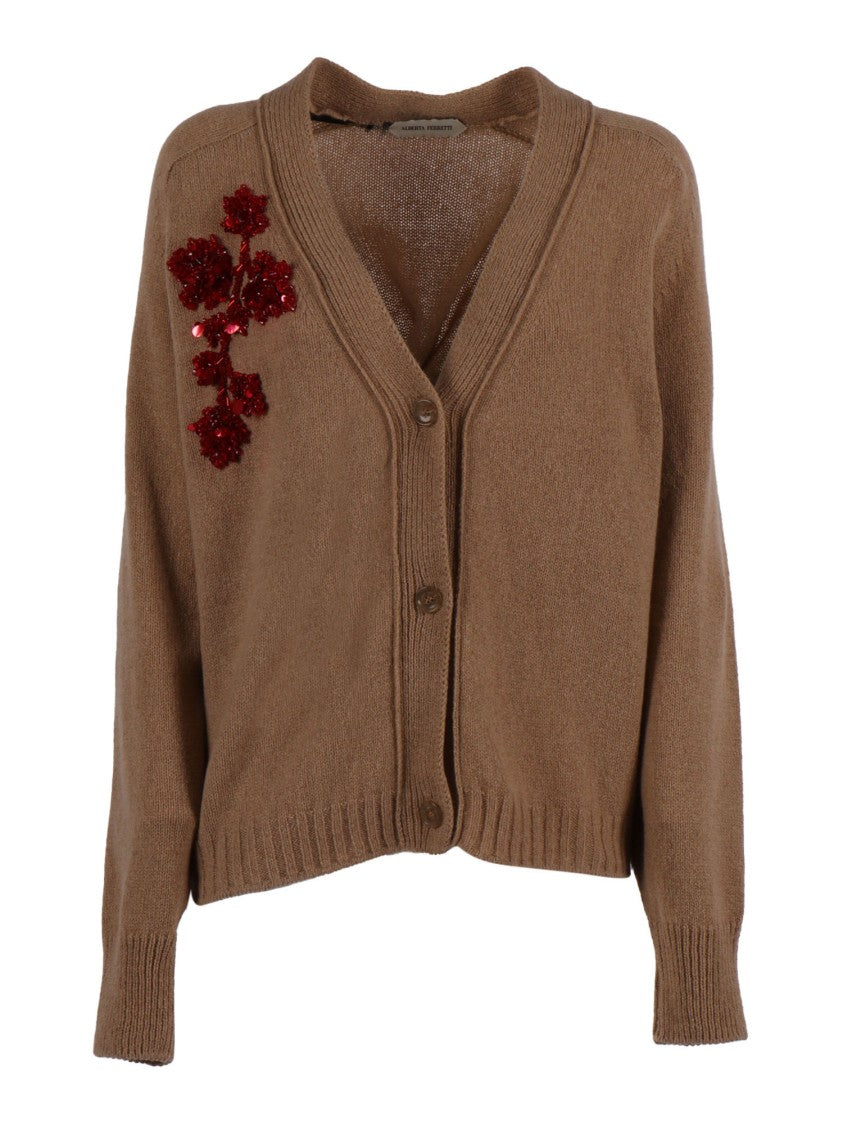 Alberta Ferretti Cropped Cashmere-Wool Blend Cardigan With Floral Sequin Embellishments