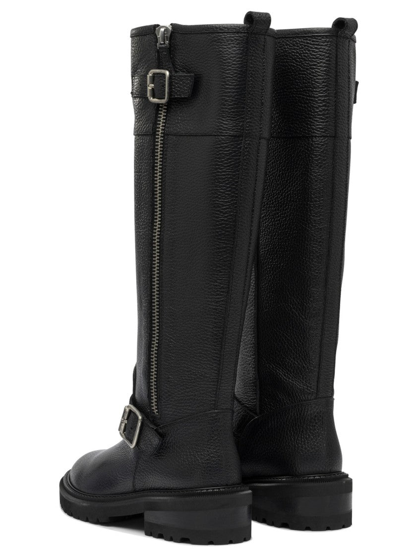 Via Roma 15 Textured Leather Tall Boots With Decorative Buckles