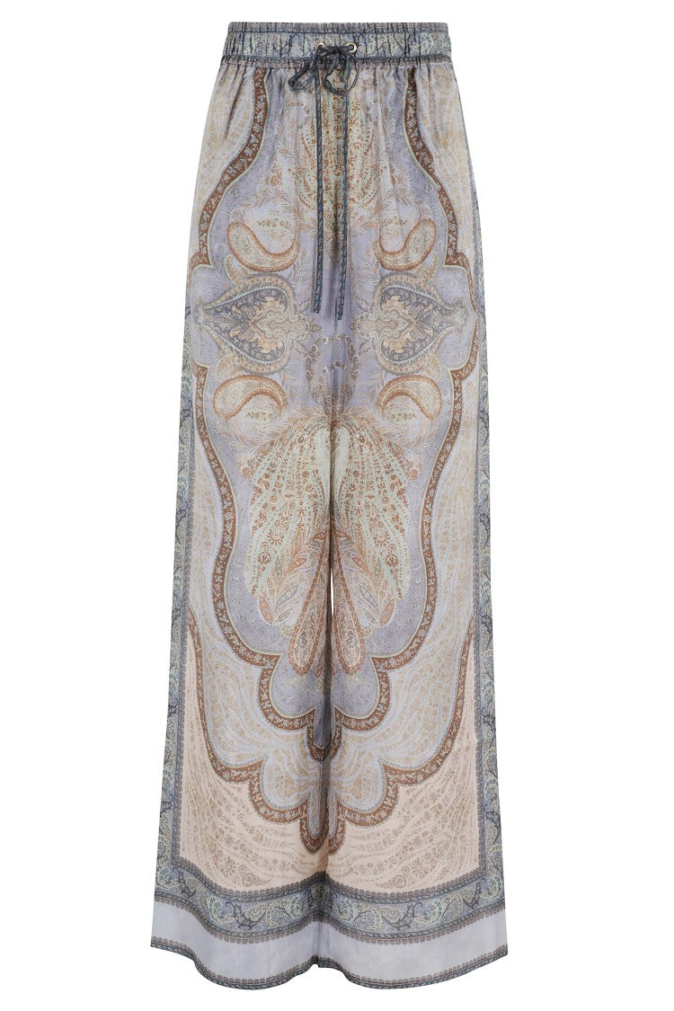 Zimmermann Blue Wanderlust Paisley Print Silk Drawstring Straight-Leg Pants