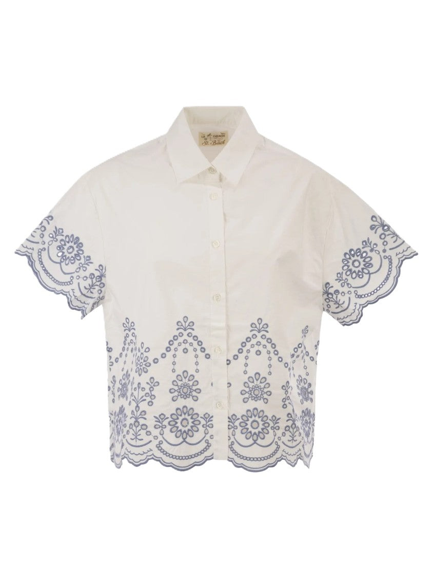 Mc2 Saint Barth White Floral-Embroidered Short-Sleeved Shirt