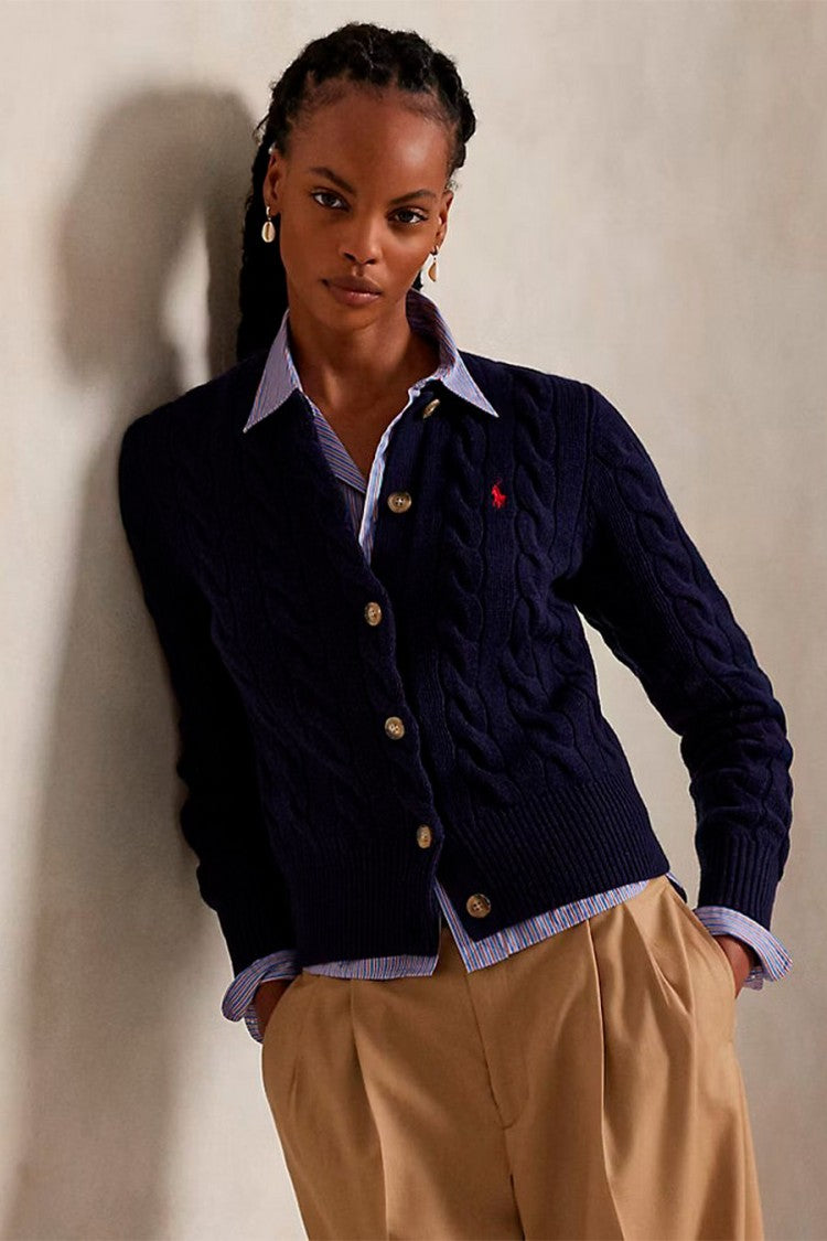 Polo Ralph Lauren Navy Wool-Cashmere Blend Cable-Knit Cardigan