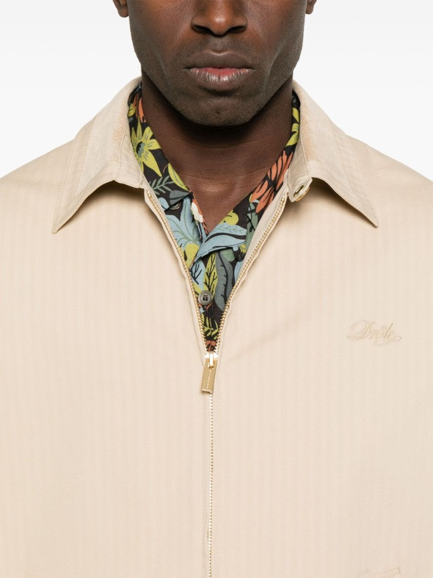 Drôle De Monsieur Beige Zip-Front Jacket With Vertical Stripe Pattern And Embroidered Logo