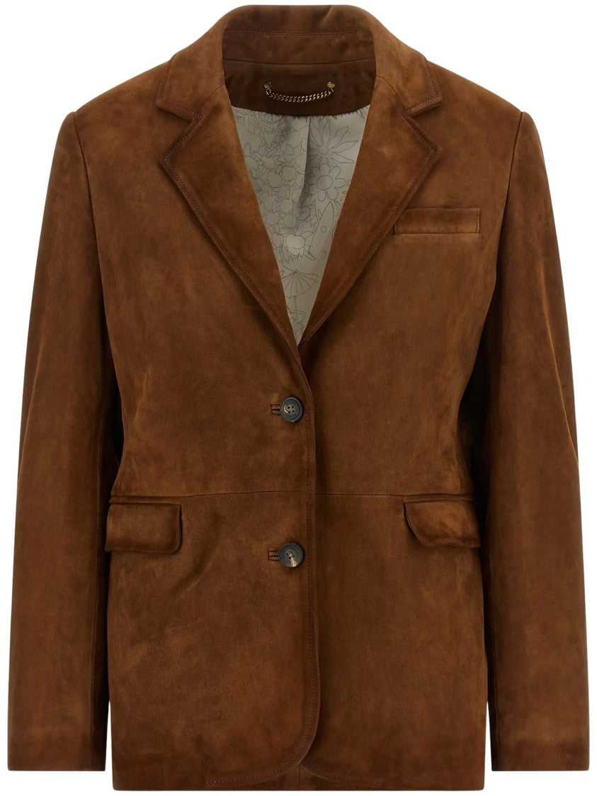 Golden Goose Tailored Brown Waxed Suede Jacket With Floral Lining