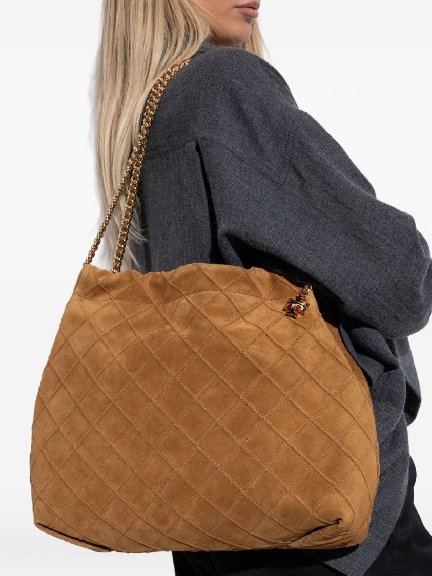 Tory Burch Spacious Quilted Suede Shoulder Bag