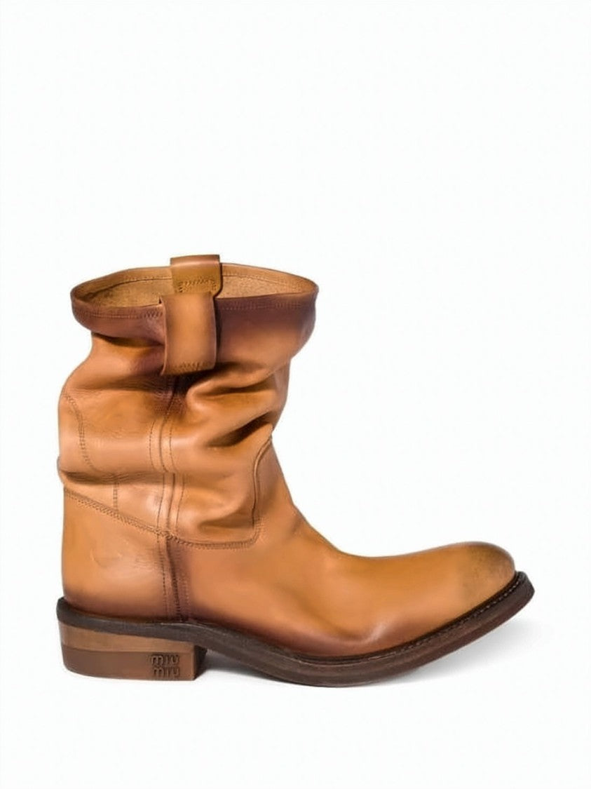 Miu Miu Slouchy Mid-Calf Leather Boots With Rubber Sole