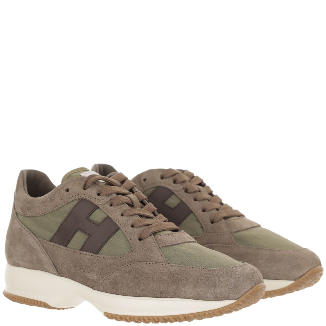 Hogan Beige Green Interactive Suede Nylon Sneakers